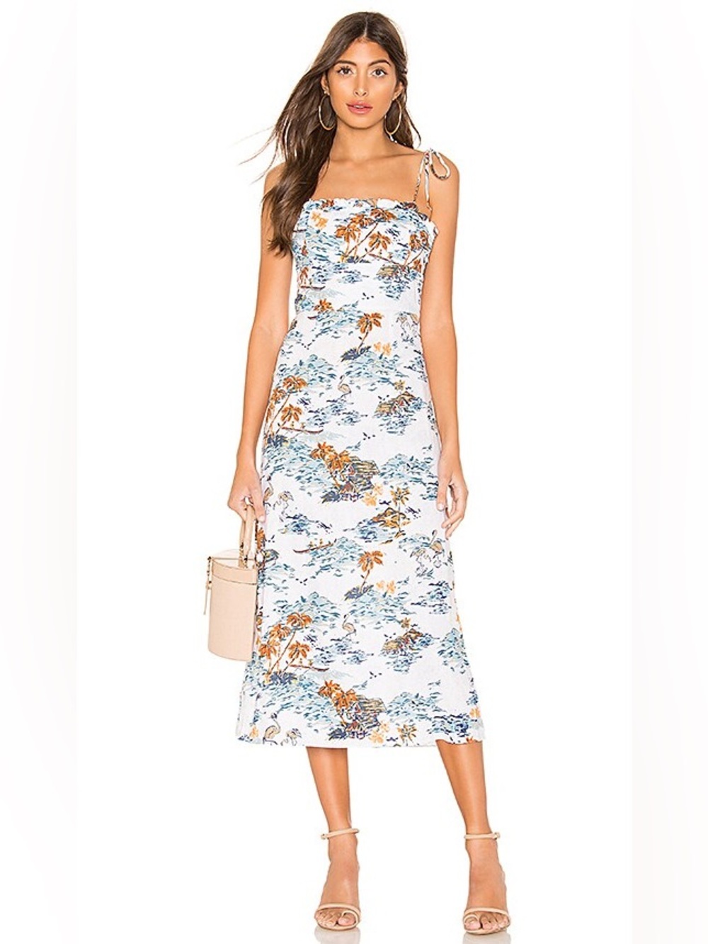 Free People White Midi Dress with Blue Waves and Brown Palm Print